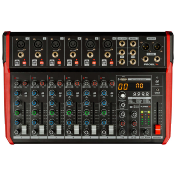 Proel PLAYMIX10 mixer audio 10 canali con effetti voce, ingresso USB e modulo Bluetooth integrato.